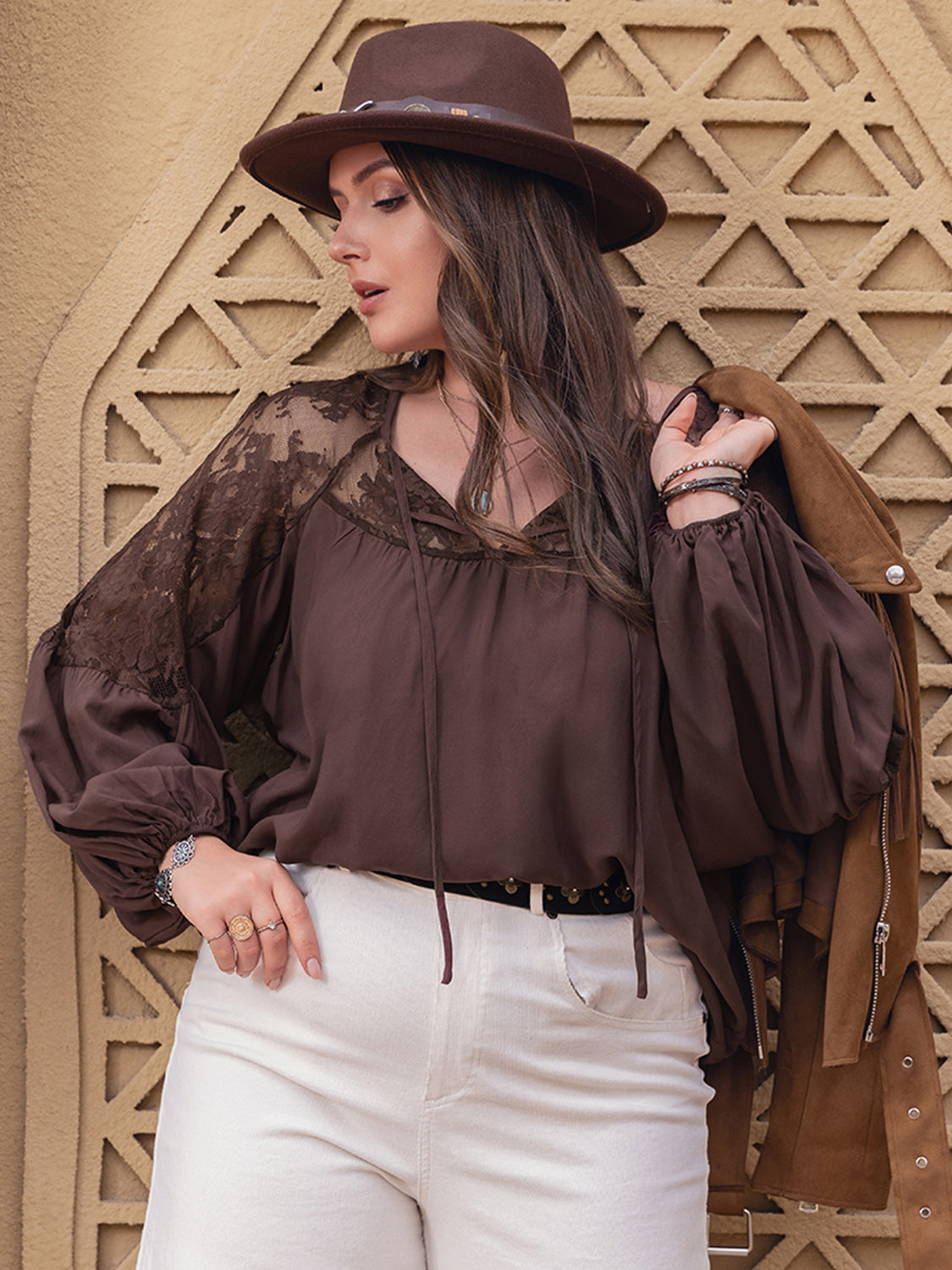 Plus Size Lace Detail Tie Neck Long Sleeve Blouse Blouses & Shirts JT's Designer Fashion