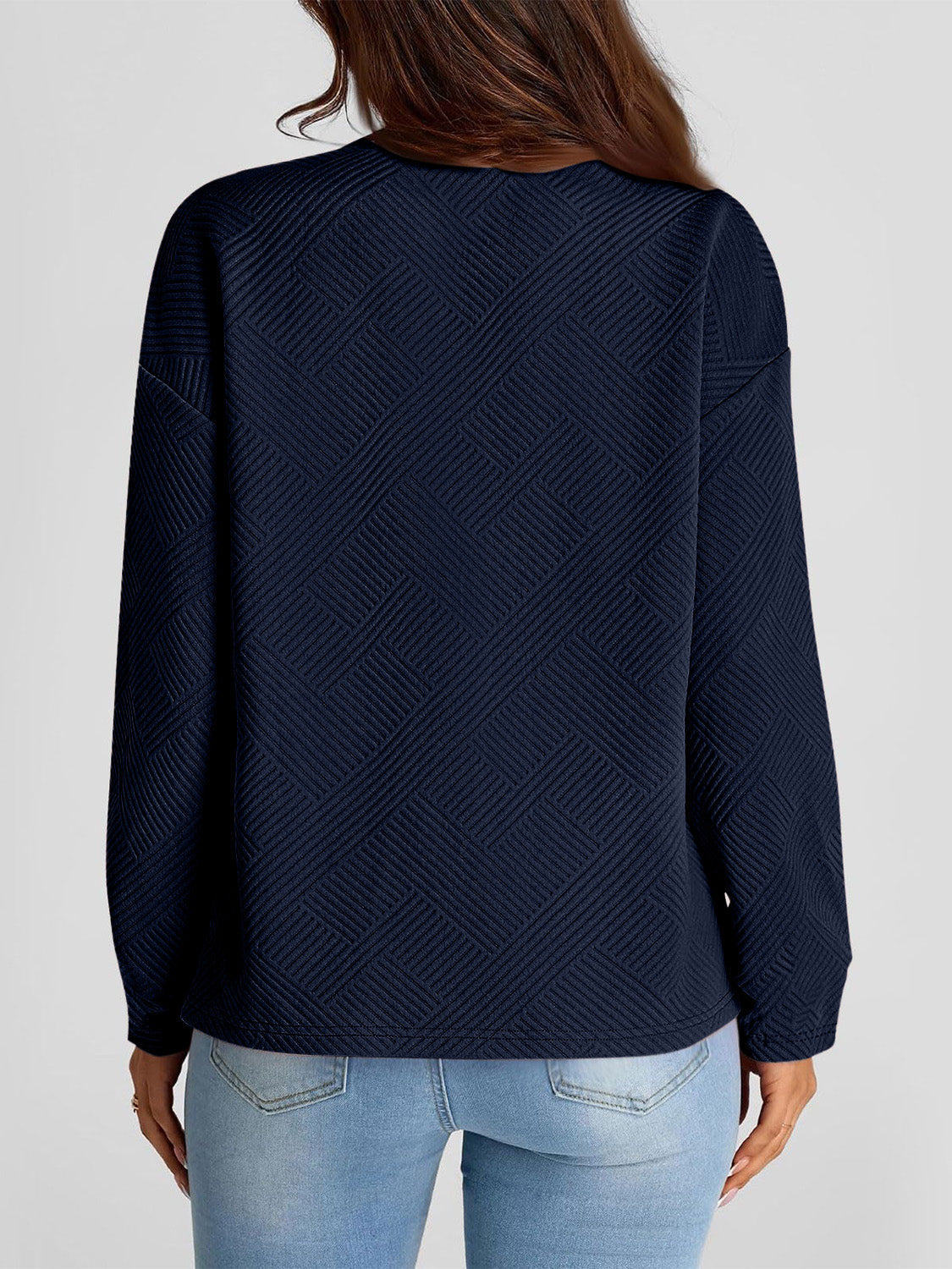 Full Size Texture Round Neck Long Sleeve Sweatshirt Dark Navy Long Sleeve Tops JT's Designer Fashion