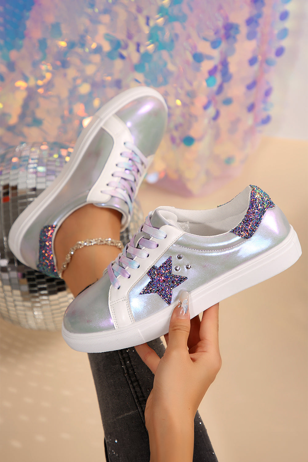 Silvery Star Sequin Patchwork Criss Cross Casual Shoes Women's Shoes JT's Designer Fashion