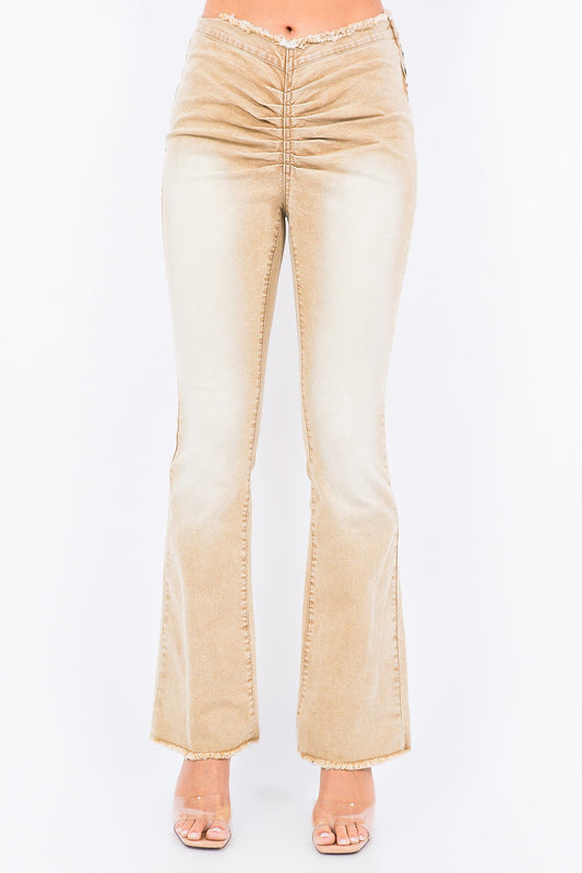 V-Cut Ruched Flare Pants Tan Jeans JT's Designer Fashion