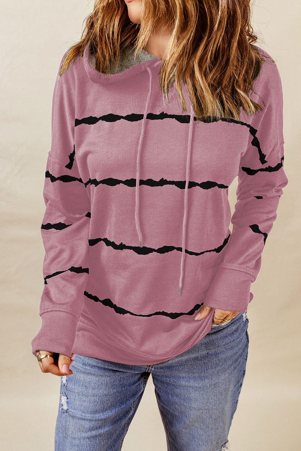 Pink Tie-dye Striped Drawstring Hoodie with Side Split Tops Sweatshirts & Hoodies JT's Designer Fashion