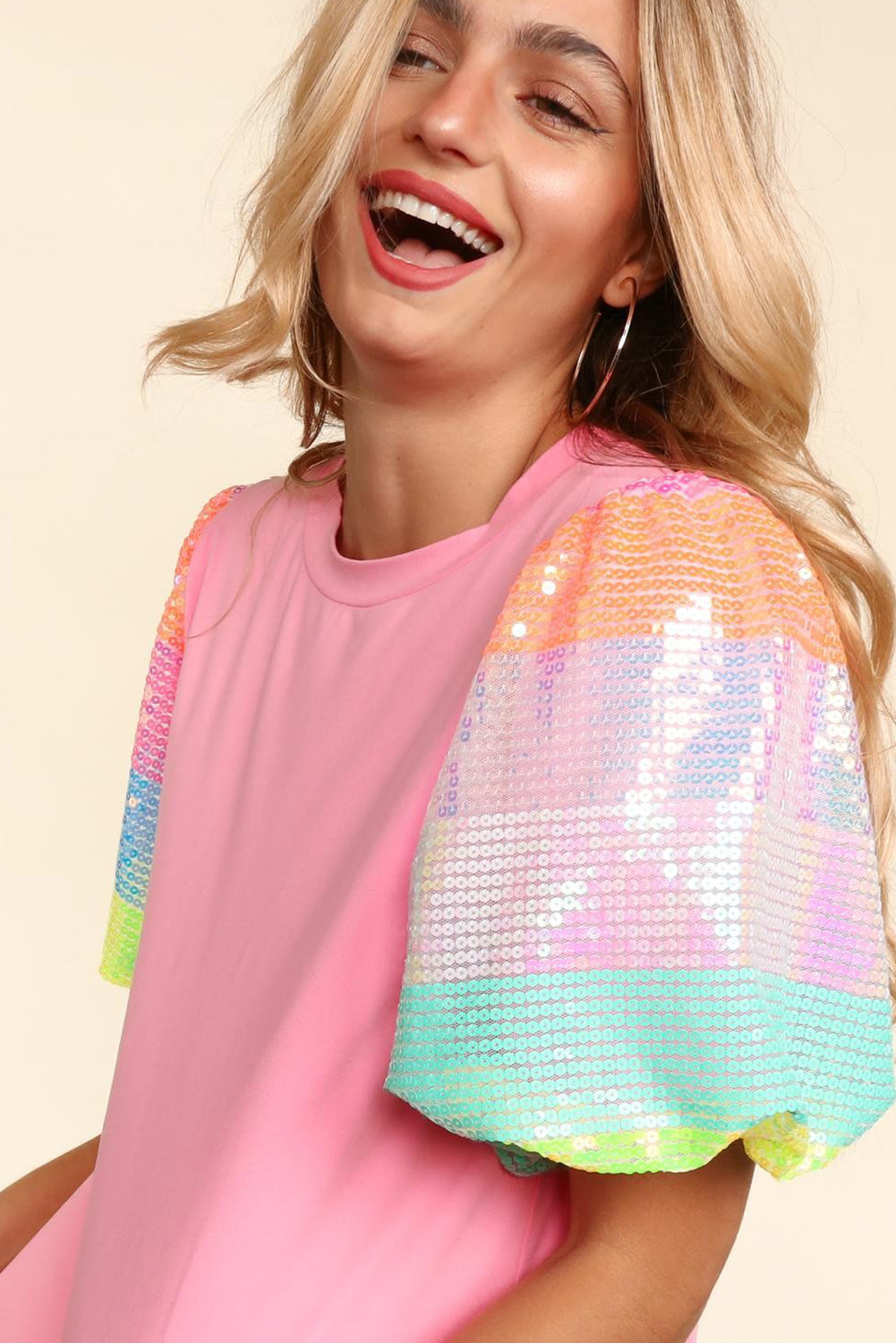 Pink Sequin Colorblock Striped Puff Sleeve Top Tops & Tees JT's Designer Fashion