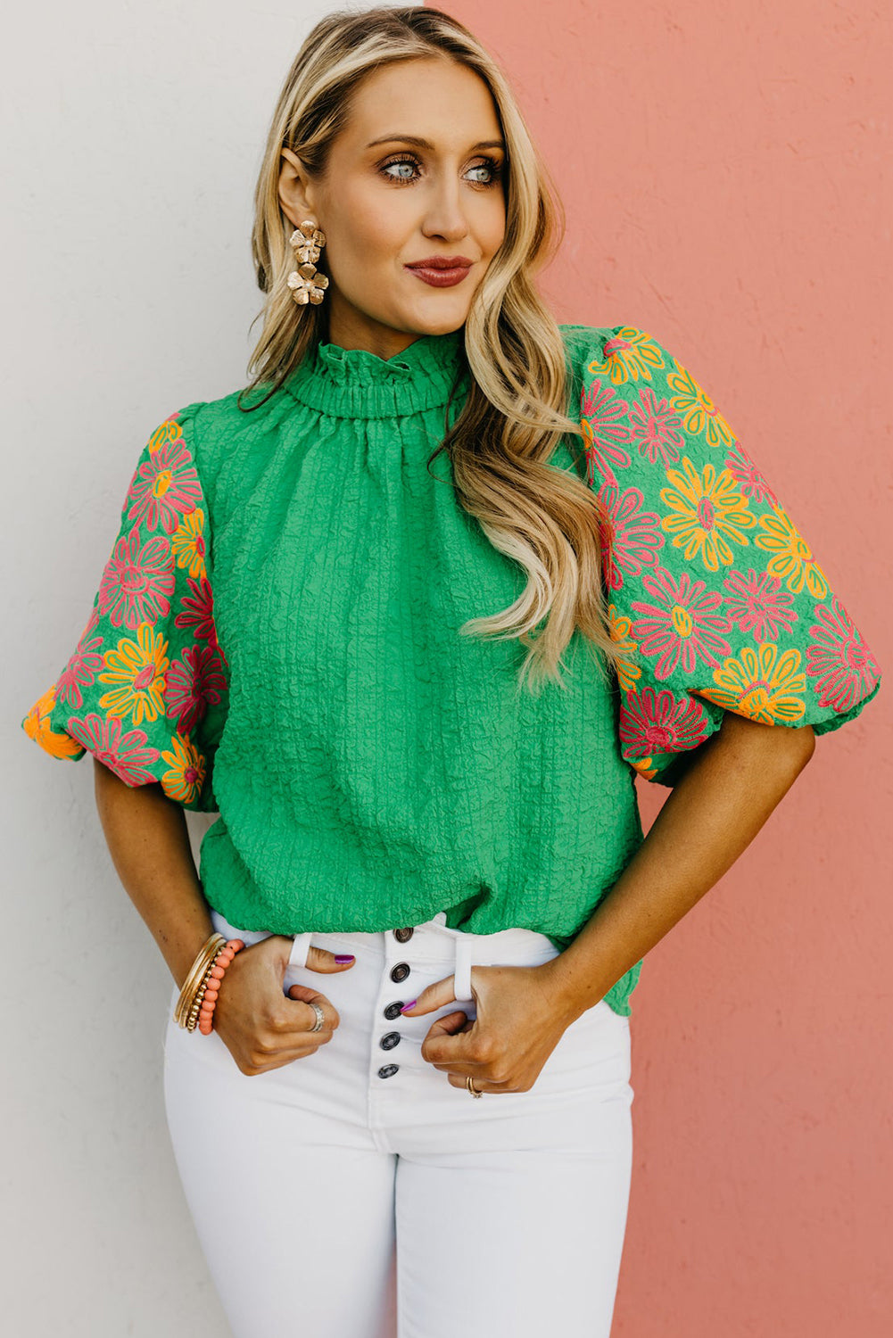 Bright Green Floral Puff Short Sleeve Ruffled Collar Button Back Top Blouses & Shirts JT's Designer Fashion