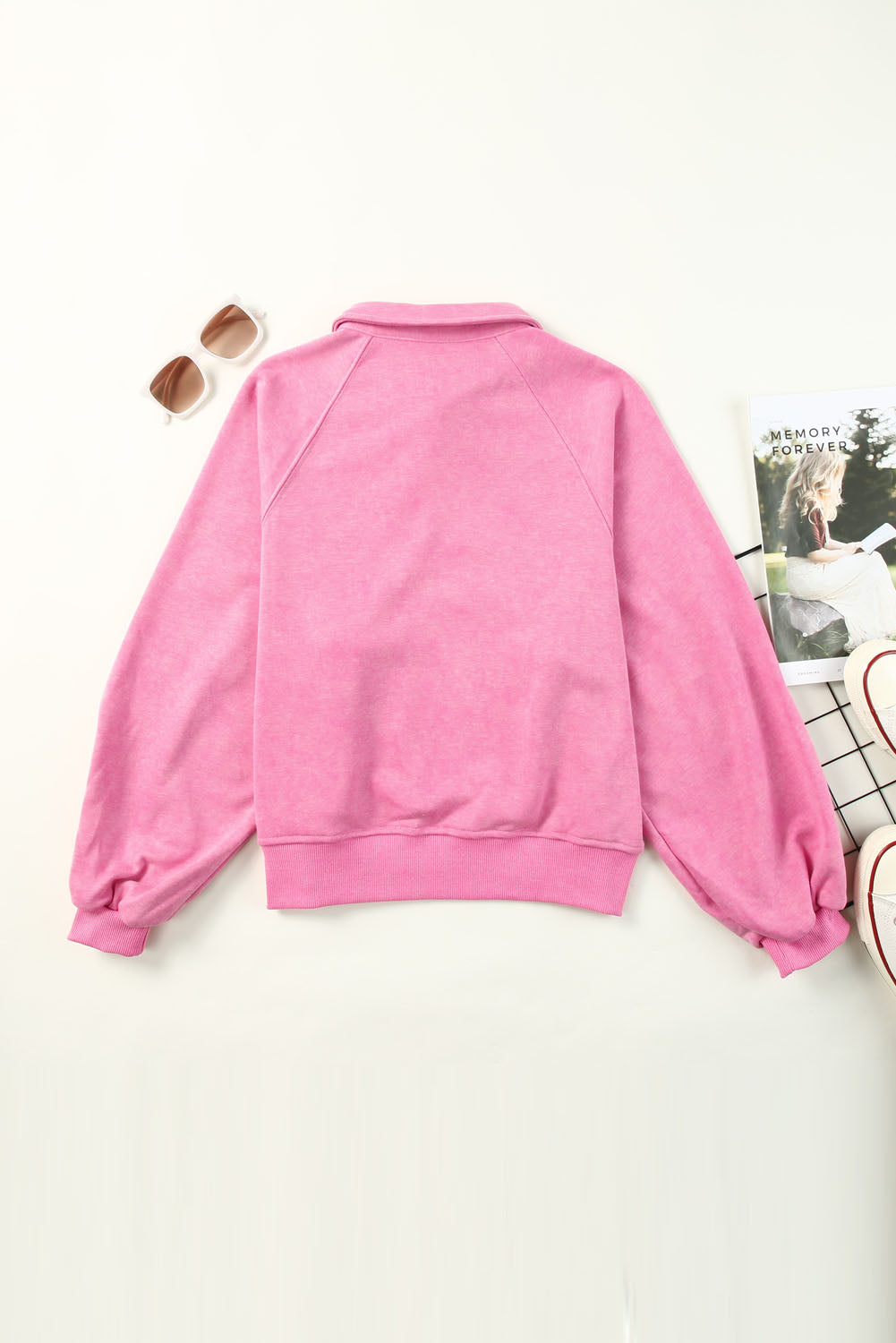 Pink Washed Snap Buttons Lantern Sleeve Pullover Sweatshirt Sweatshirts & Hoodies JT's Designer Fashion