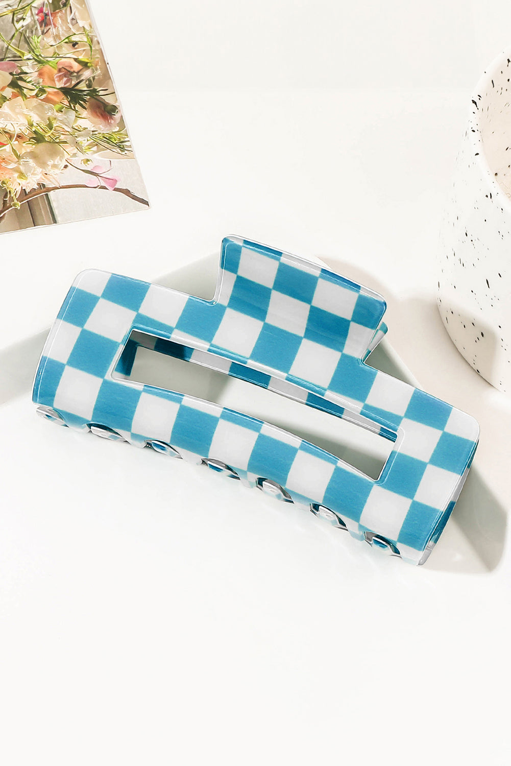 Sky Blue Checkered Print Hollow Out Hair Clip Headwear JT's Designer Fashion