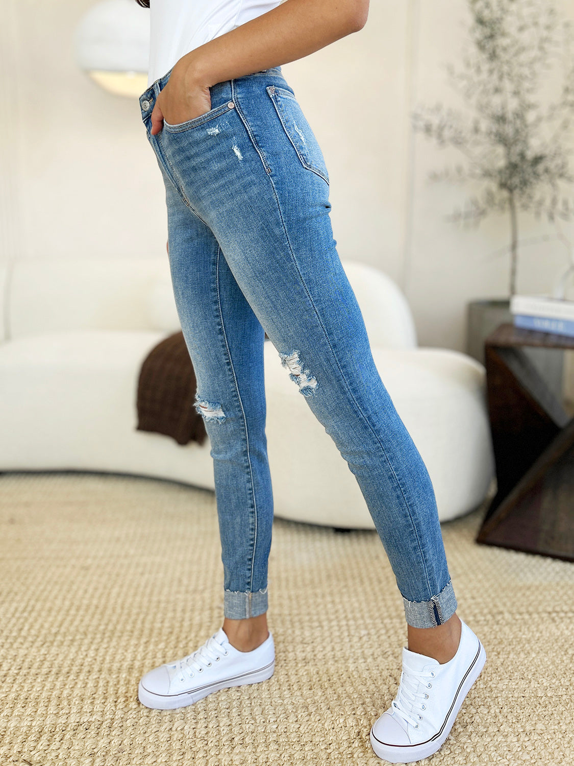 Judy Blue Full Size Mid Rise Destroy & Cuff Skinny Jeans Skinny Jeans JT's Designer Fashion