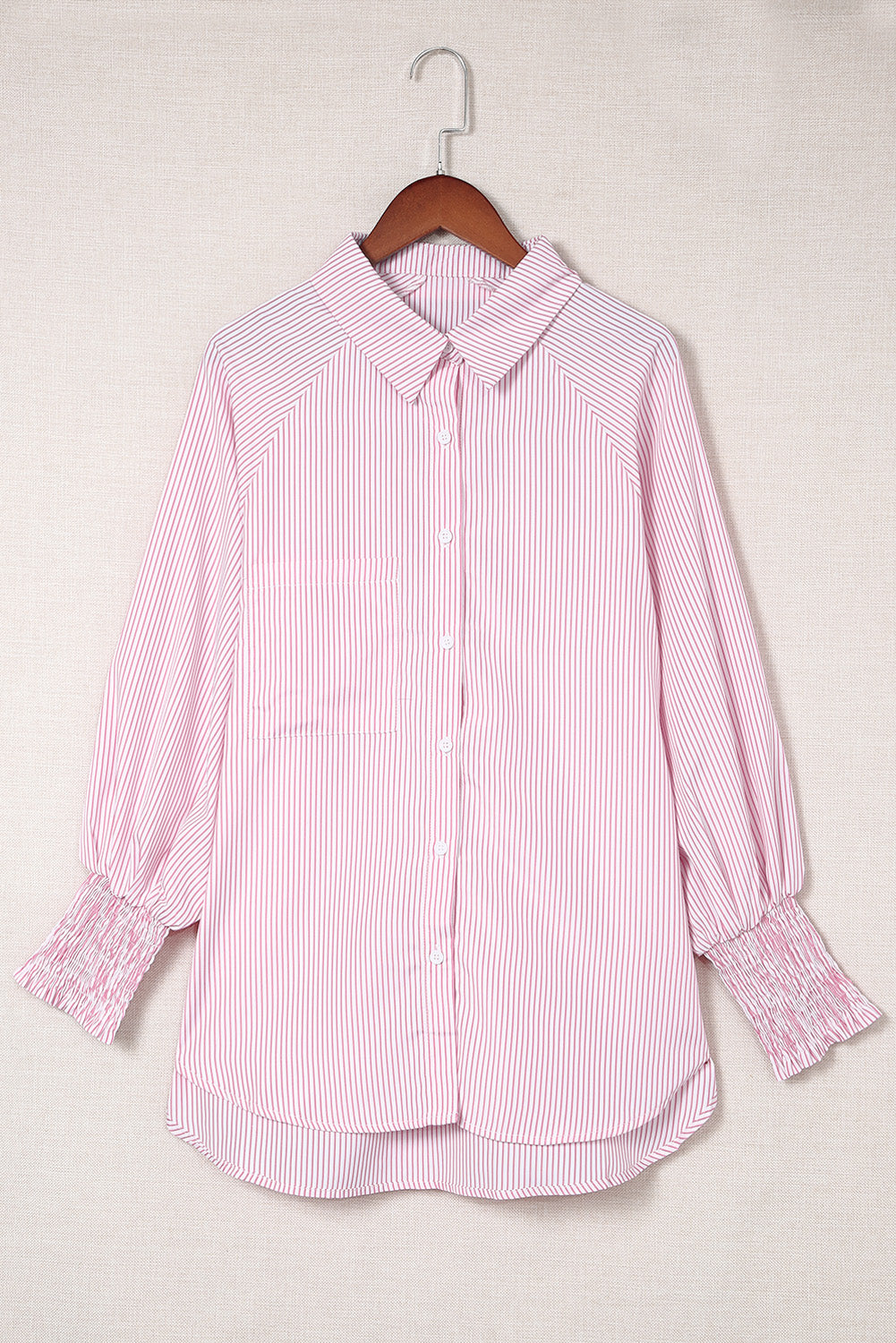 Pink Smocked Cuffed Striped Boyfriend Shirt with Pocket Blouses & Shirts JT's Designer Fashion