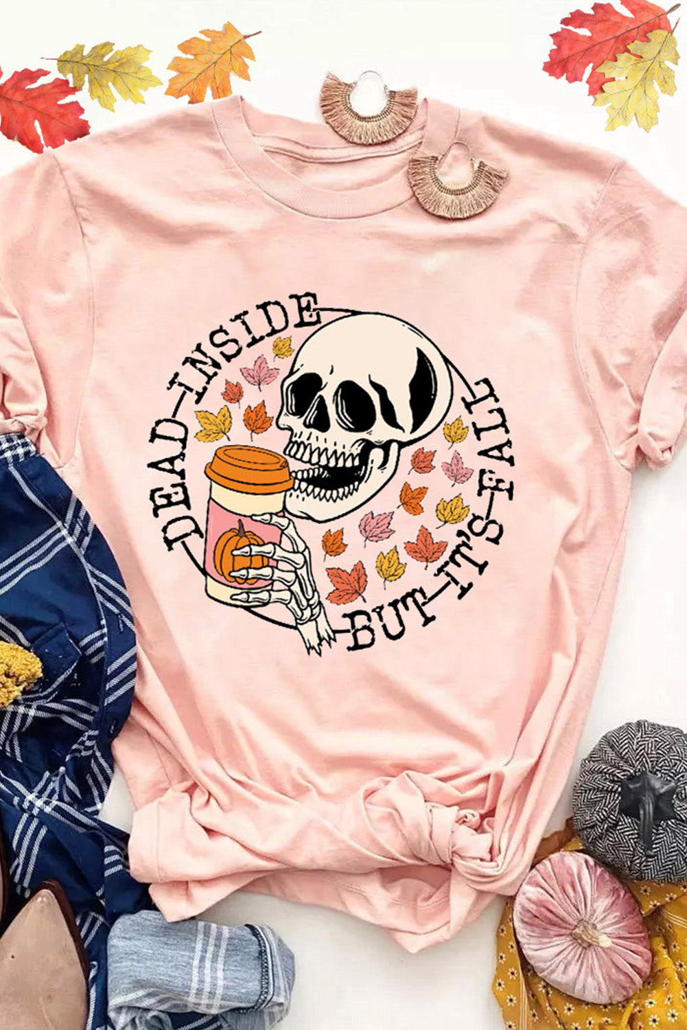 Pink Skull Pumpkin coffee Fall maple leaf T-Shirts Graphic Tees JT's Designer Fashion