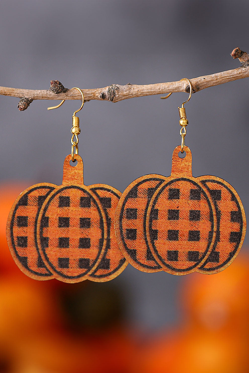 Russet Orange Plaid Print Pumpkin Shape Halloween Drop Earrings Jewelry JT's Designer Fashion