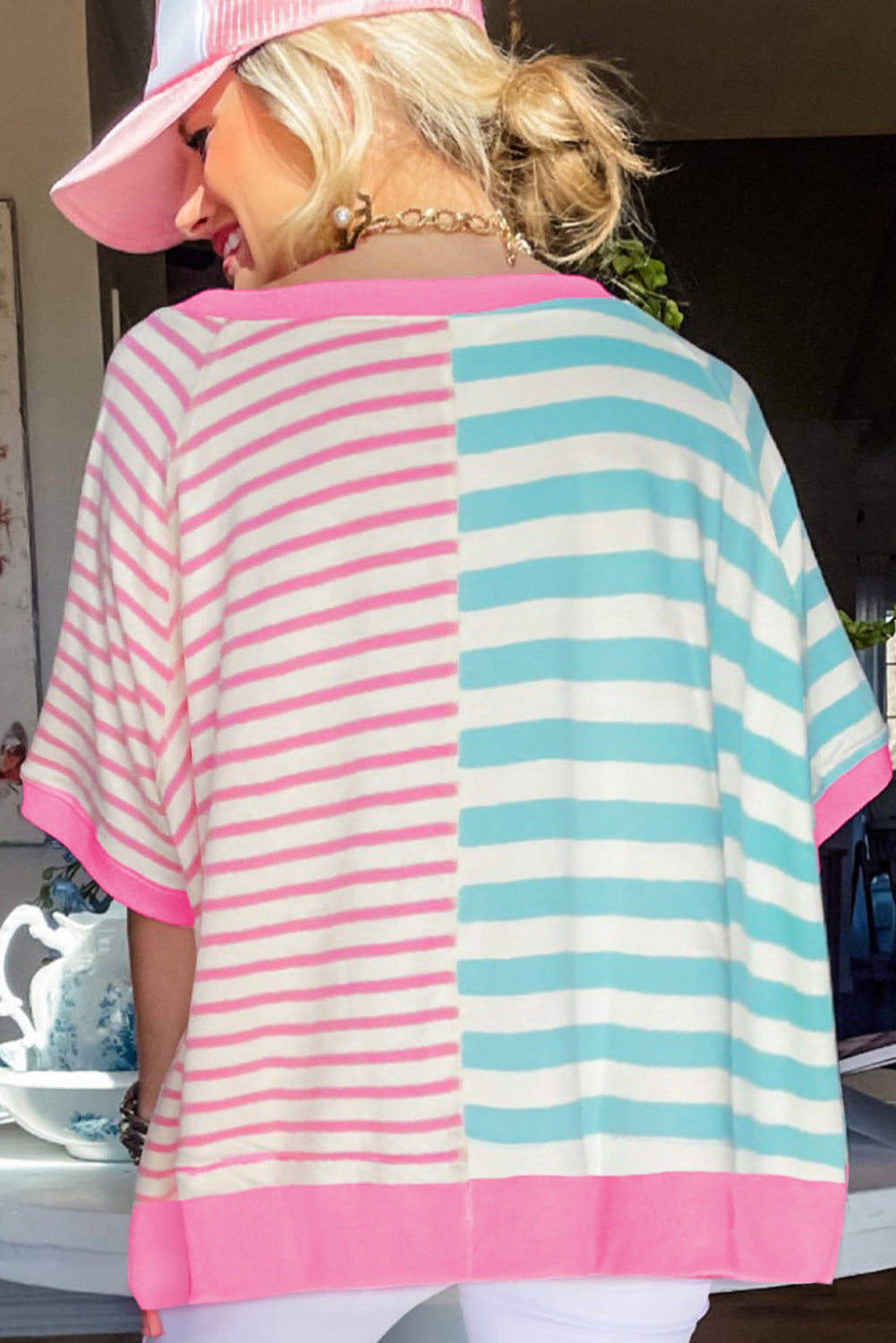 Pink Stripe Contrast Patchwork Oversized T Shirt Tops & Tees JT's Designer Fashion