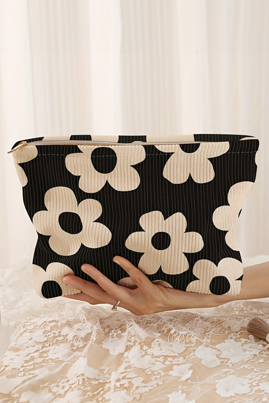 Black Colorful Flower Printed Rib Textured Cosmetic Bag Makeup Bags JT's Designer Fashion