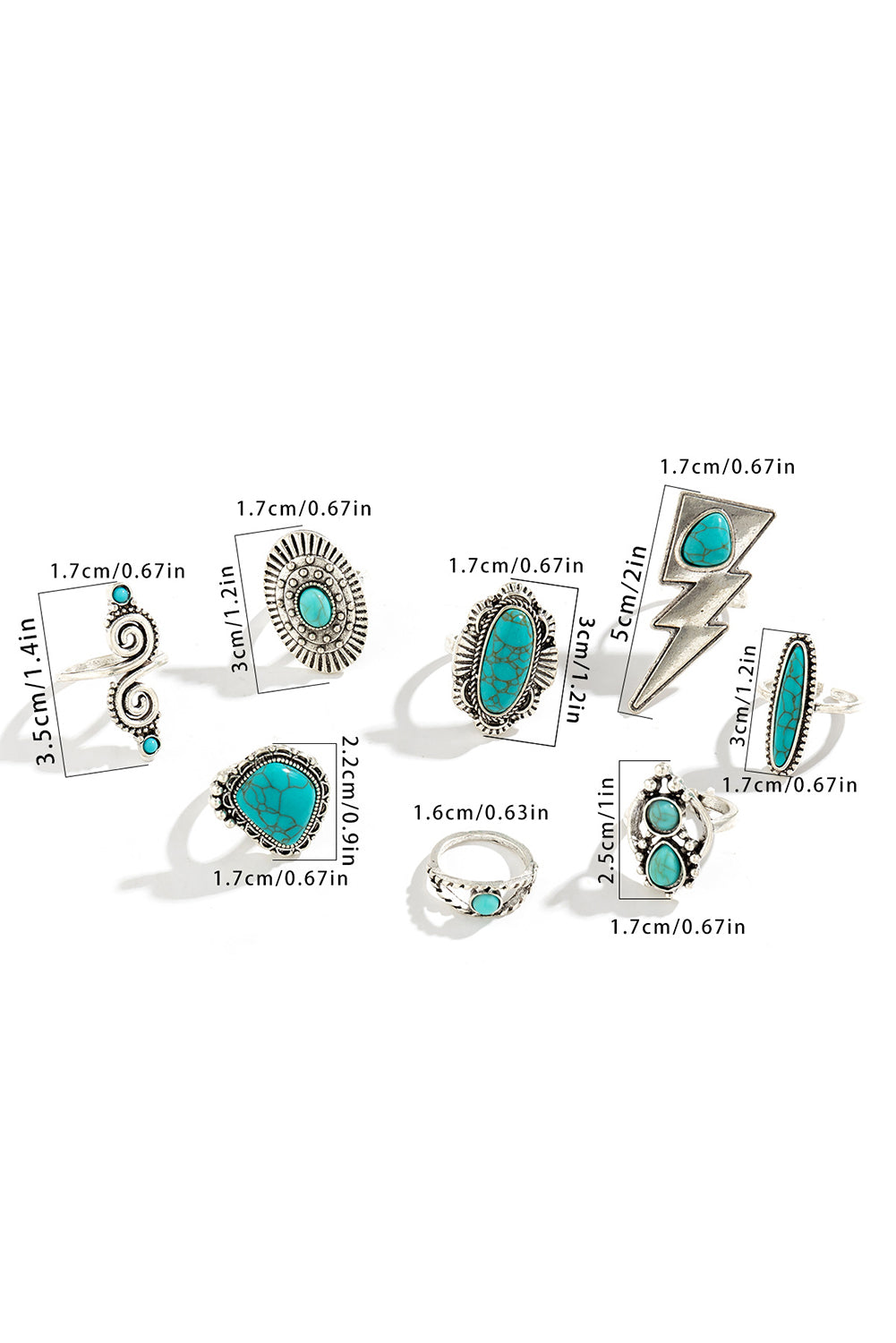 Silvery 8pcs Turquoise Inlay Western Ring Set Jewelry JT's Designer Fashion