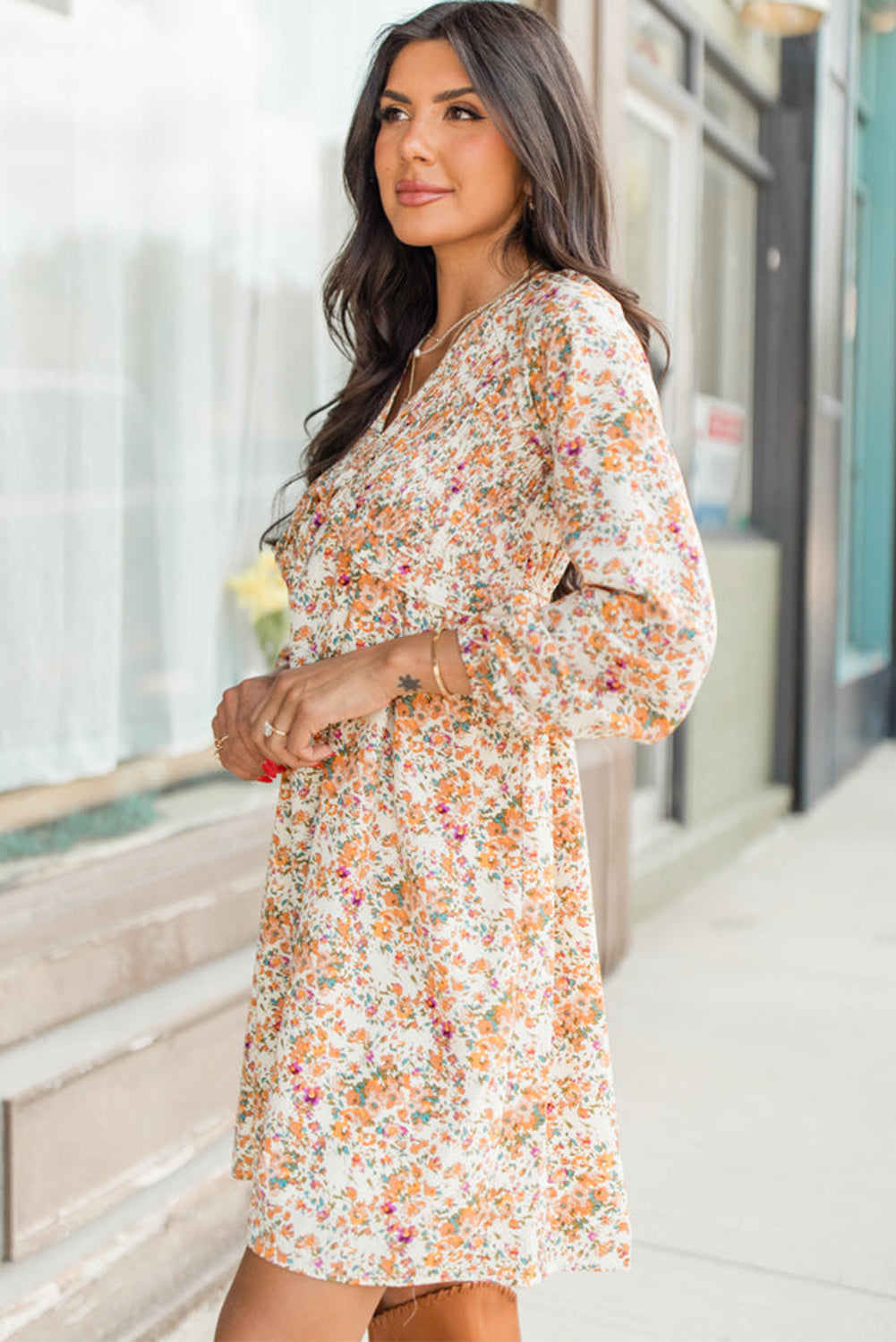 Yellow Boho Floral V Neck Ruffled Empire Waist Long Sleeve Mini Dress Floral Dresses JT's Designer Fashion