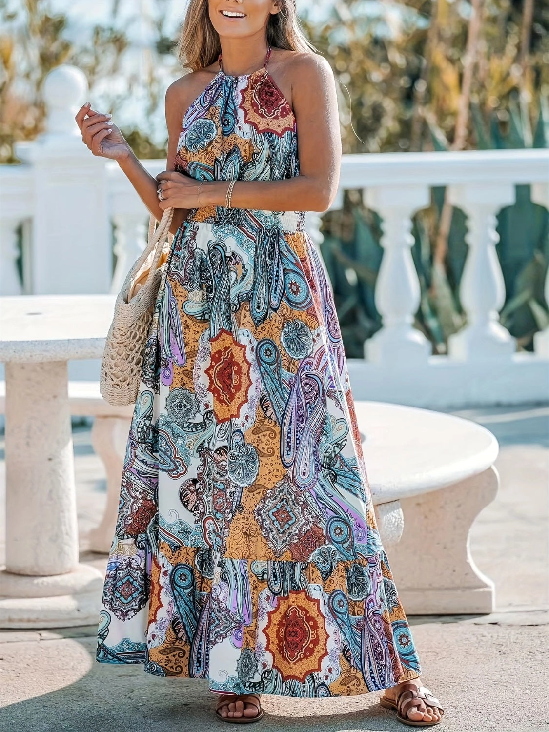 Printed Halter Neck Maxi Dress Maxi Dresses JT's Designer Fashion