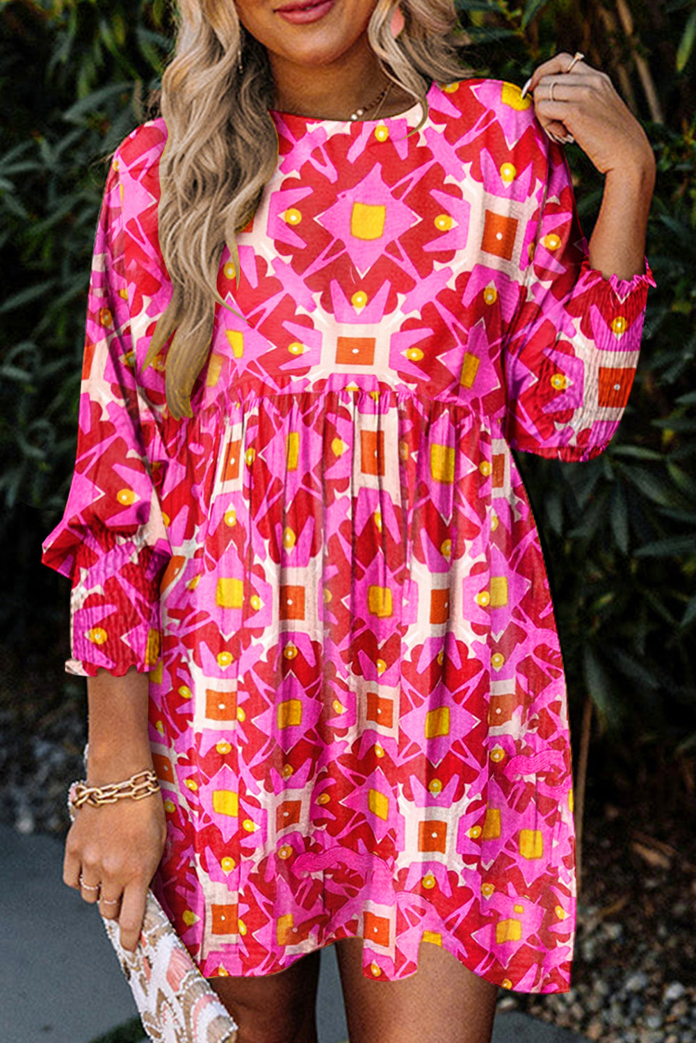 Strawberry Pink Geometric Print Smocked Long Sleeve Mini Dress Mini Dresses JT's Designer Fashion