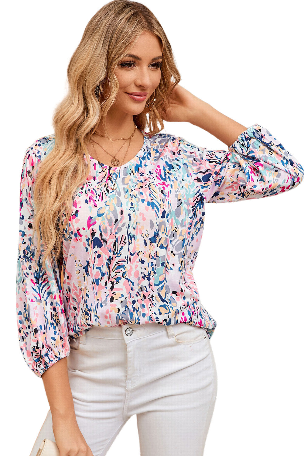 Blue Floral Print Puffy Sleeve Loose Blouse Blouses & Shirts JT's Designer Fashion