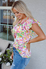Purple Abstract Printed Ruffled Short Sleeve Notched Neck Blouse Blouses & Shirts JT's Designer Fashion