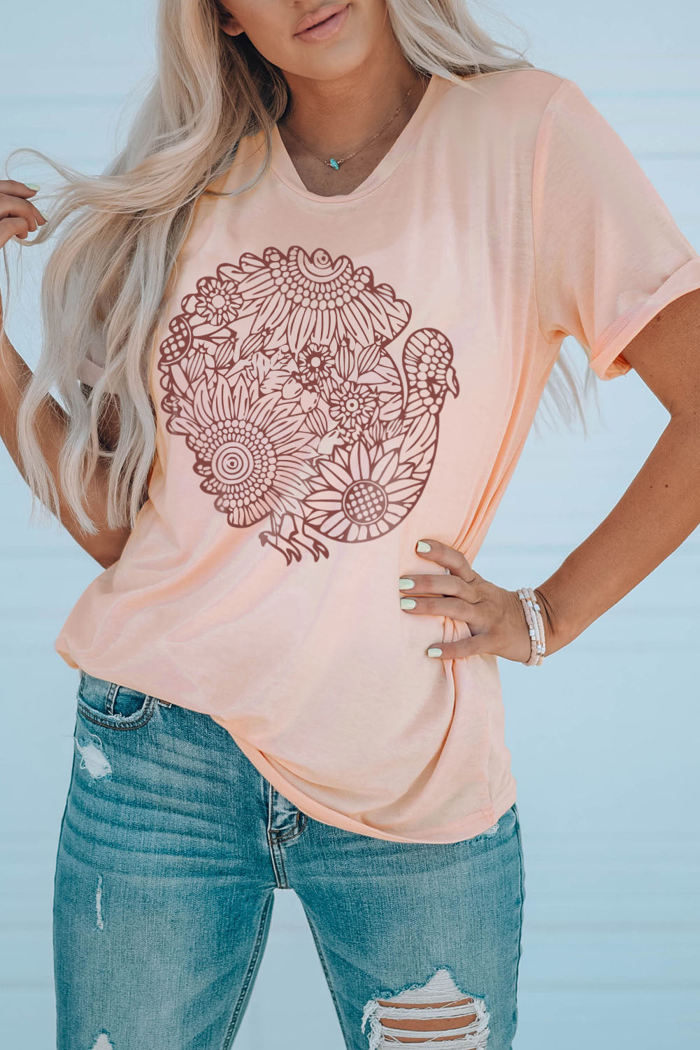 Pink Floral Turkey Shape Print Short Sleeve T Shirt Graphic Tees JT's Designer Fashion