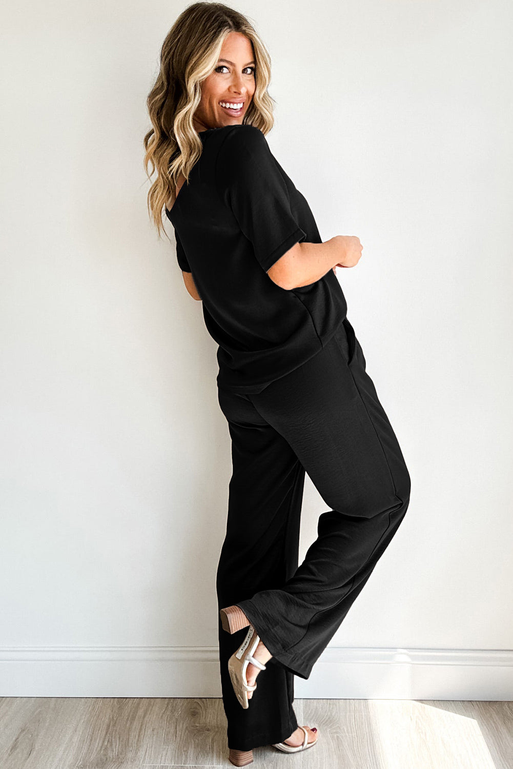 Black Solid Color T Shirt 2pcs Wide Leg Pants Set Pant Sets JT's Designer Fashion