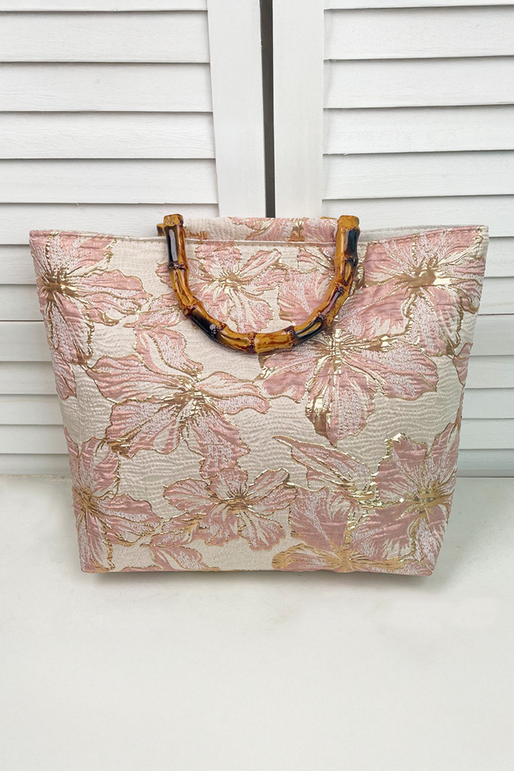 Light Pink Flower Canvas Tote Bag with Bamboo Handle Handbags JT's Designer Fashion