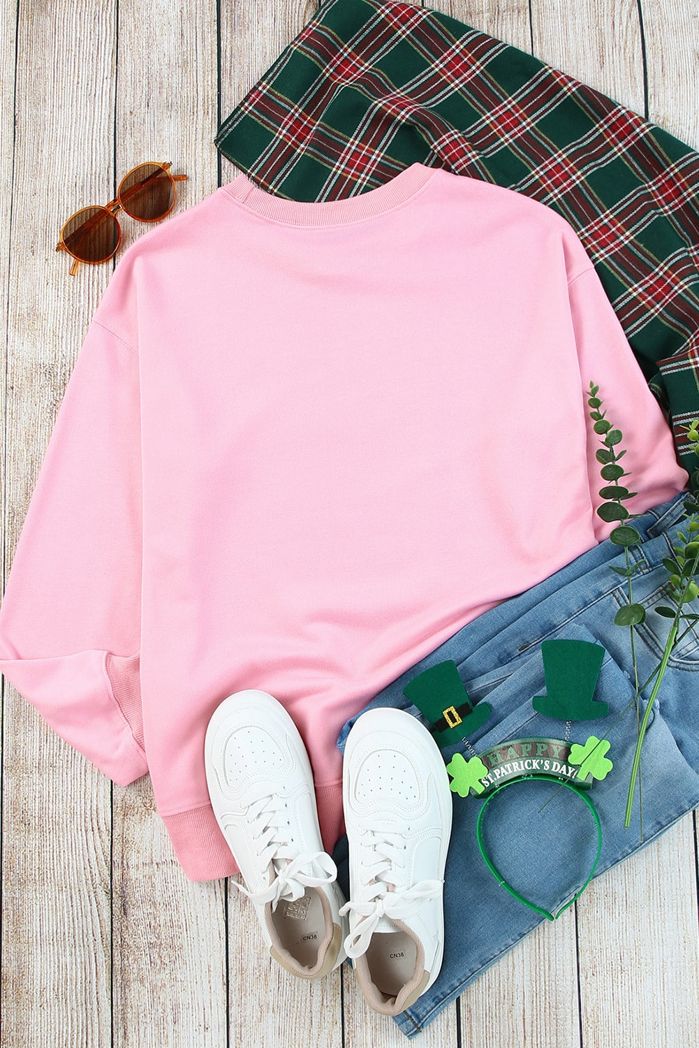 Pink Plain Crew Neck Pullover Sweatshirt Sweatshirts & Hoodies JT's Designer Fashion