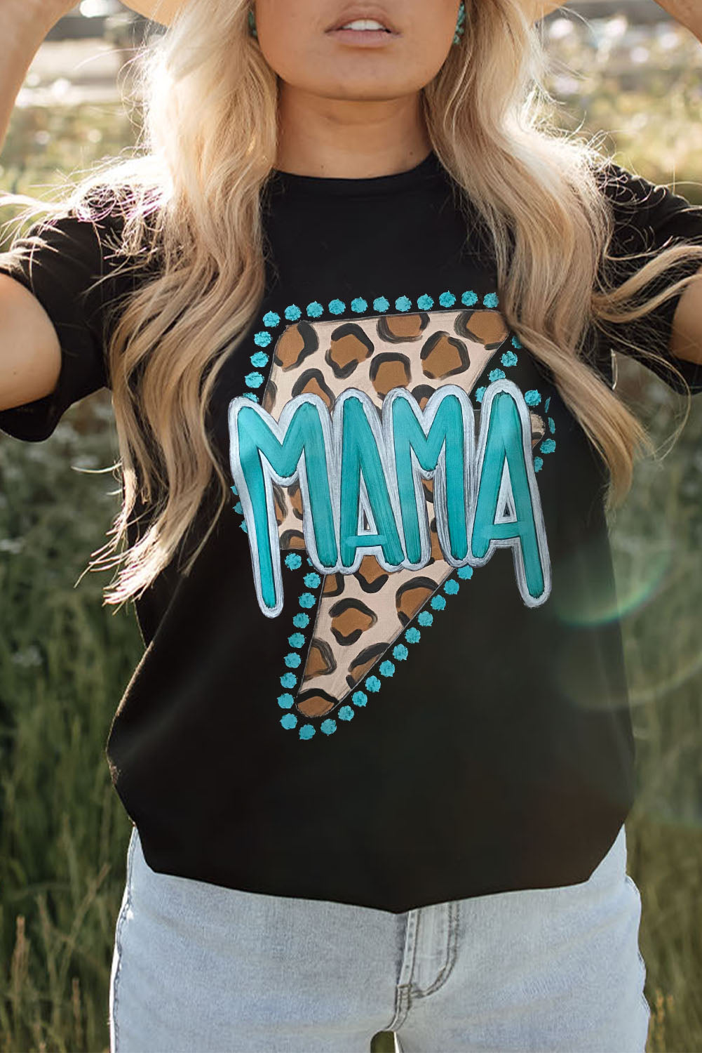 Black Western MAMA Leopard Lightning Graphic Tee Black 95%Polyester+5%Elastane Graphic Tees JT's Designer Fashion