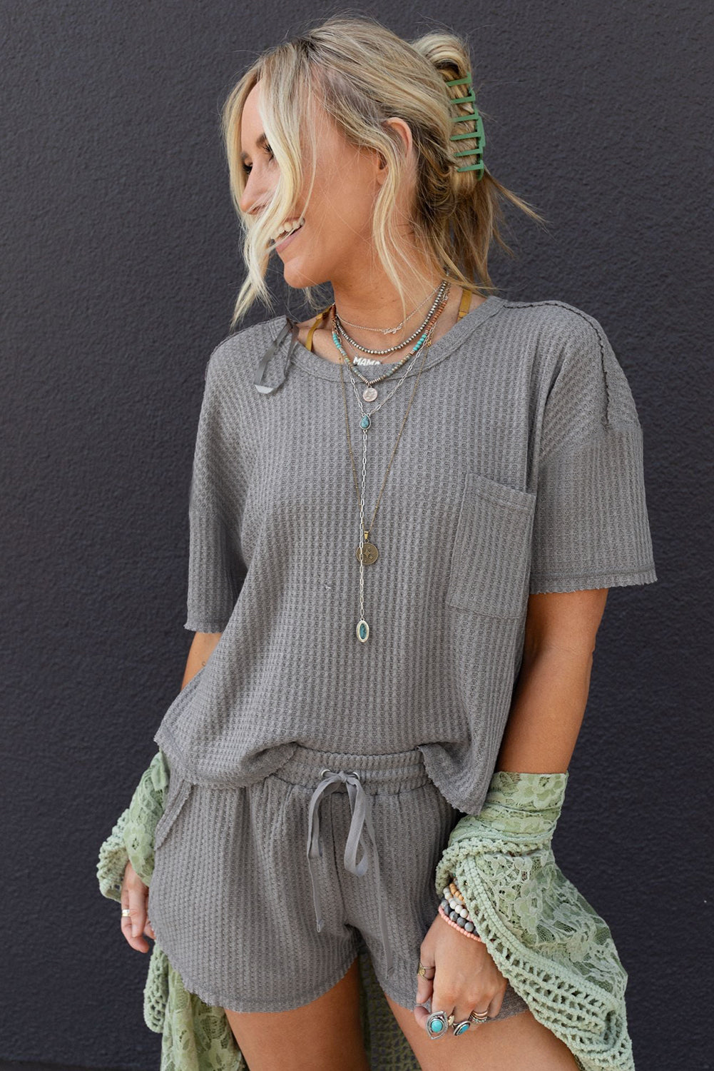 Gray Solid Color Waffle Knit T Shirt and Shorts Set Short Sets JT's Designer Fashion