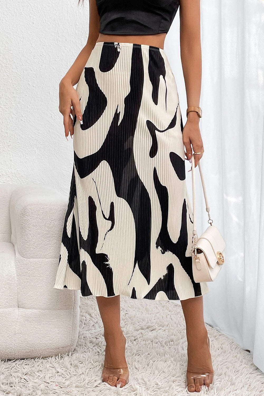 Black Colorblock Geometric Print Pleated Midi Skirt Pre Order Bottoms JT's Designer Fashion