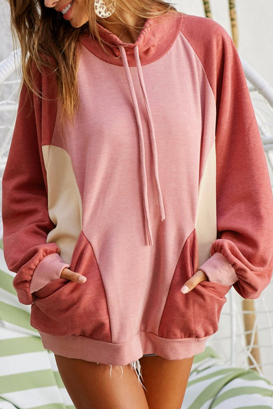 Pink Drawstring Pullover Pocketed Colorblock Sweatshirt Sweatshirts & Hoodies JT's Designer Fashion