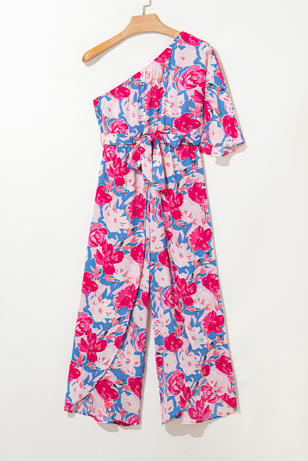 Pink Floral Print Asymmetrical Neckline Single Shoulder Drape Sleeve Belted Jumpsuit Jumpsuits & Rompers JT's Designer Fashion