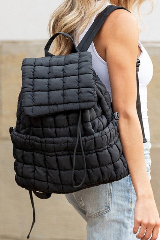 Black Solid Flapped Quilted Puffer Backpack Backpacks JT's Designer Fashion