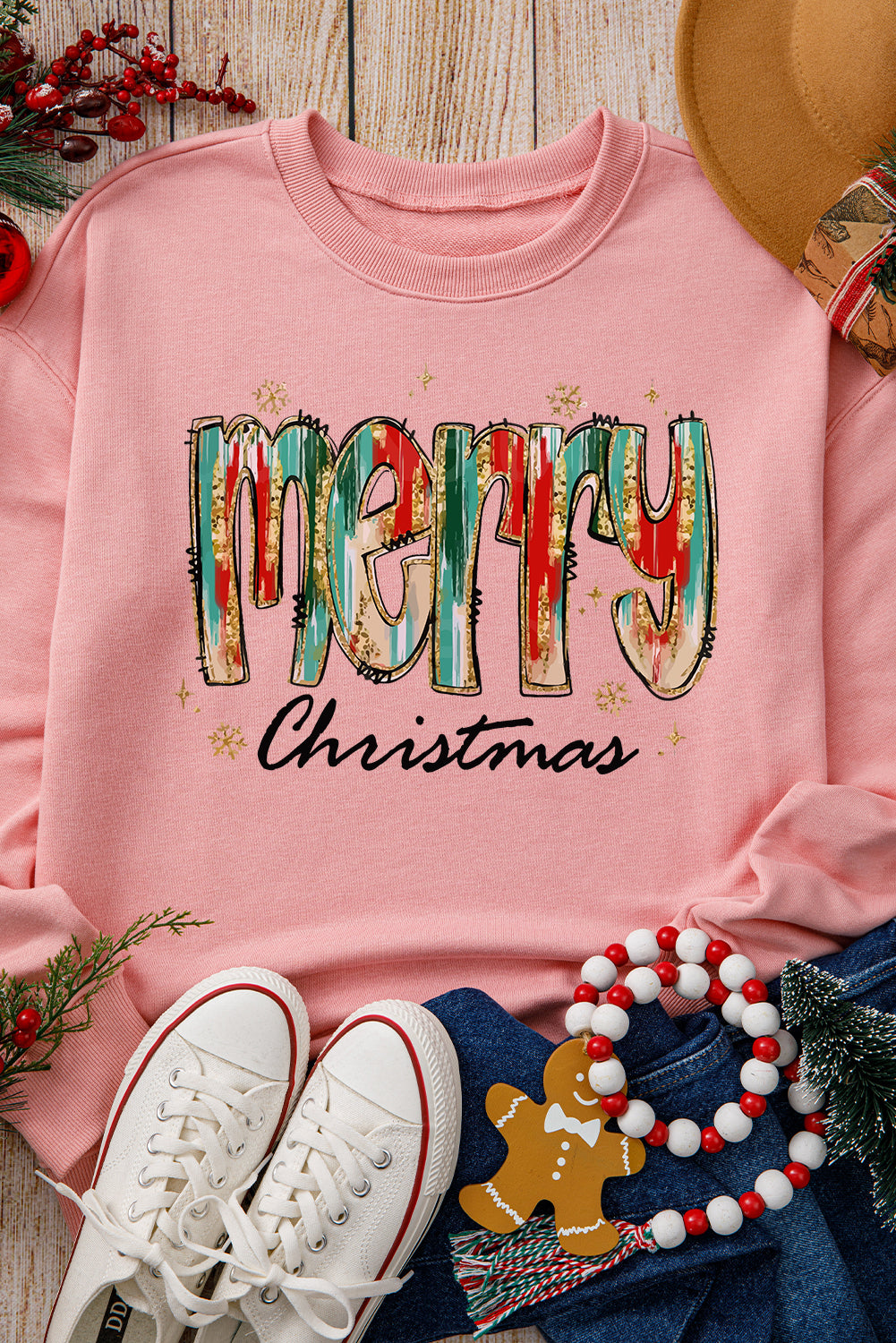 Pink Brushwork Merry Christmas Print Drop Shoulder Sweatshirt Graphic Sweatshirts JT's Designer Fashion