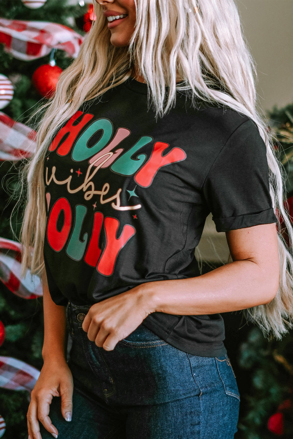 Black HOLLY JOLLY Vibes Christmas Crew Neck T Shirt Graphic Tees JT's Designer Fashion