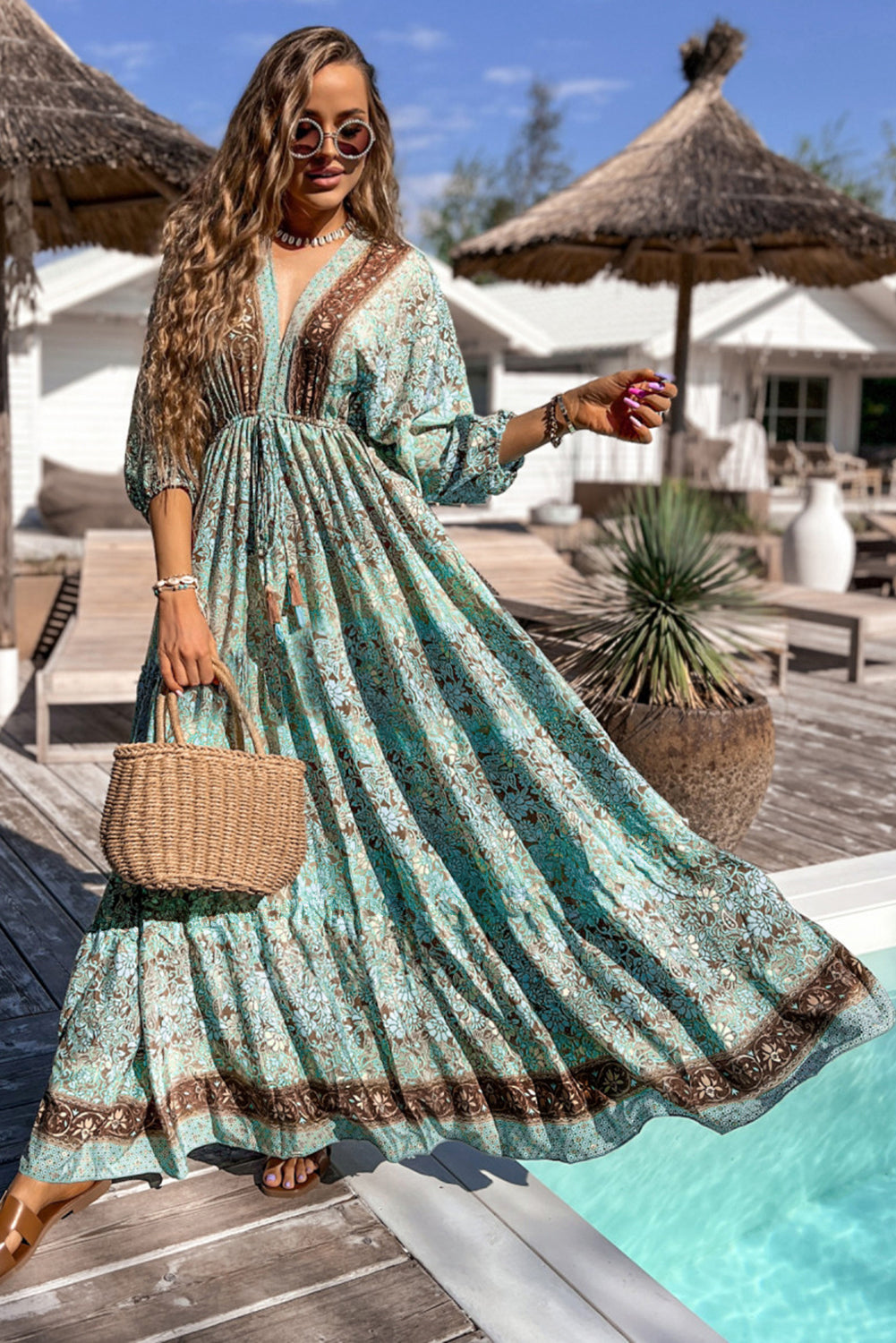 Green Boho Floral Print Lace-up Open Back High Waist Maxi Dress Floral Dresses JT's Designer Fashion