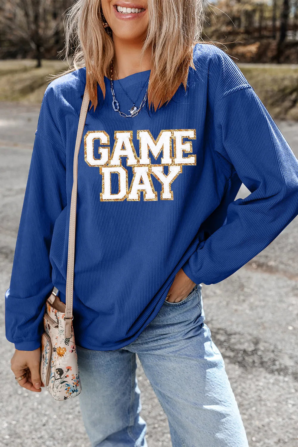 GAME DAY Round Neck Long Sleeve Sweatshirt Peacock Blue Long Sleeve Tops JT's Designer Fashion