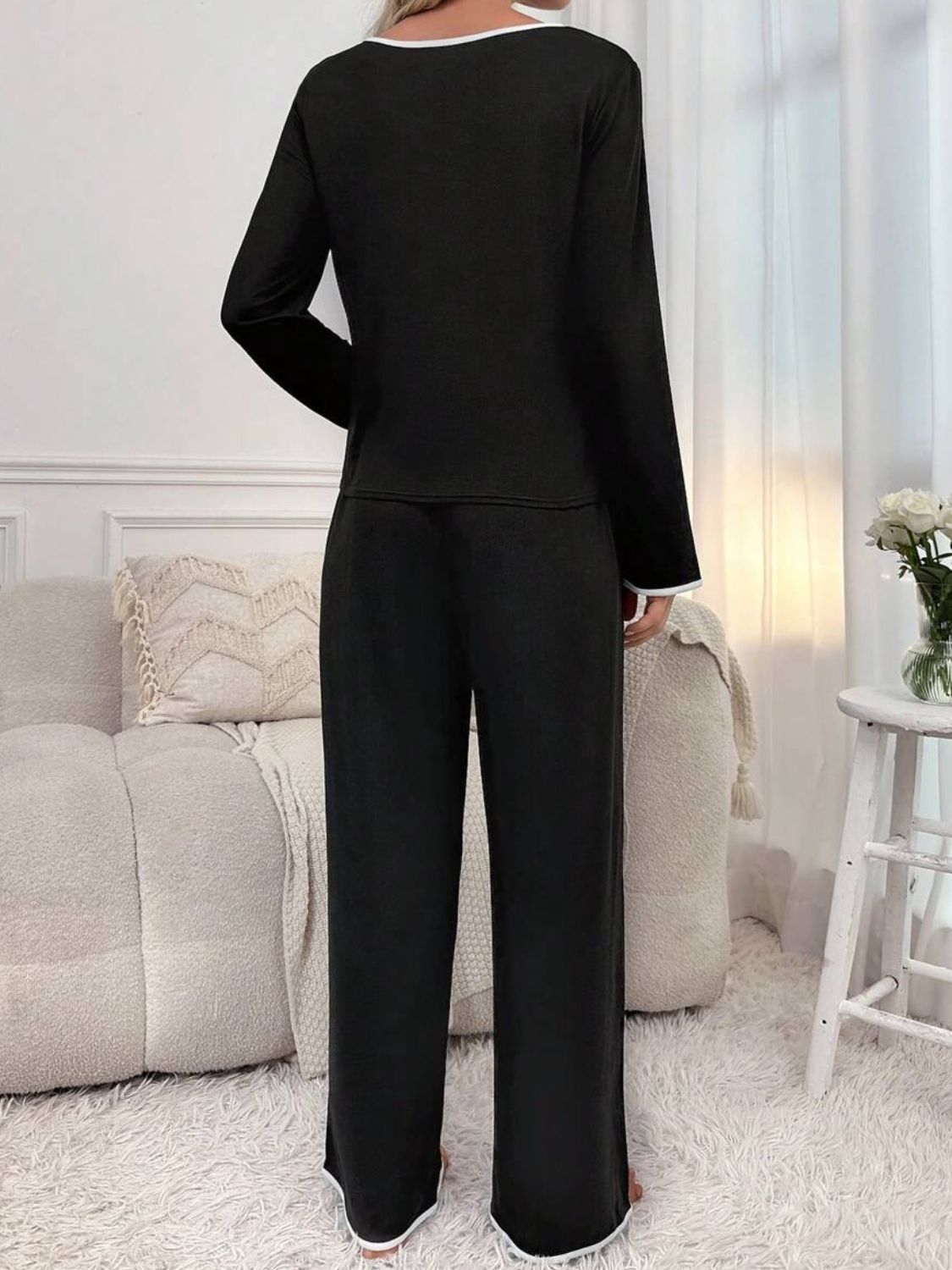 Contrast Trim Notched Long Sleeve Top and Pants Lounge Set Sleepwear JT's Designer Fashion