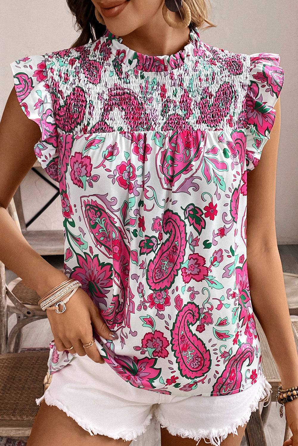 Rose Paisley Floral Smocked Frilled Neck Flutter Sleeve Blouse Blouses & Shirts JT's Designer Fashion