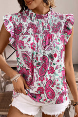 Rose Paisley Floral Smocked Frilled Neck Flutter Sleeve Blouse Blouses & Shirts JT's Designer Fashion