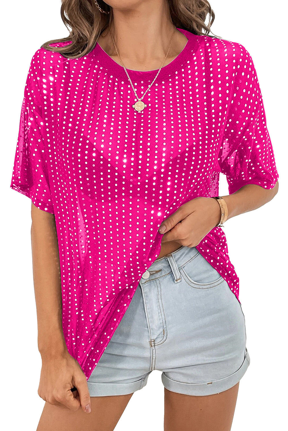 Bright Pink Sequin Drop Shoulder Sheer T-shirt Tops & Tees JT's Designer Fashion