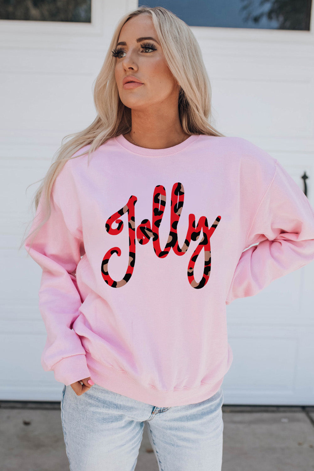 Pink Leopard Shading Jolly Letter Print Sweatshirt Graphic Sweatshirts JT's Designer Fashion