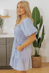 Sky Blue Stripe Bubble Sleeve Square Neck Ruched Pocketed Babydoll Dress Mini Dresses JT's Designer Fashion
