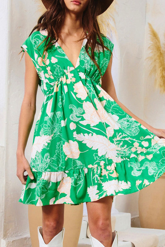 Green Floral Sleeveless V Neck Ruffled Hem Mini Dress Floral Dresses JT's Designer Fashion