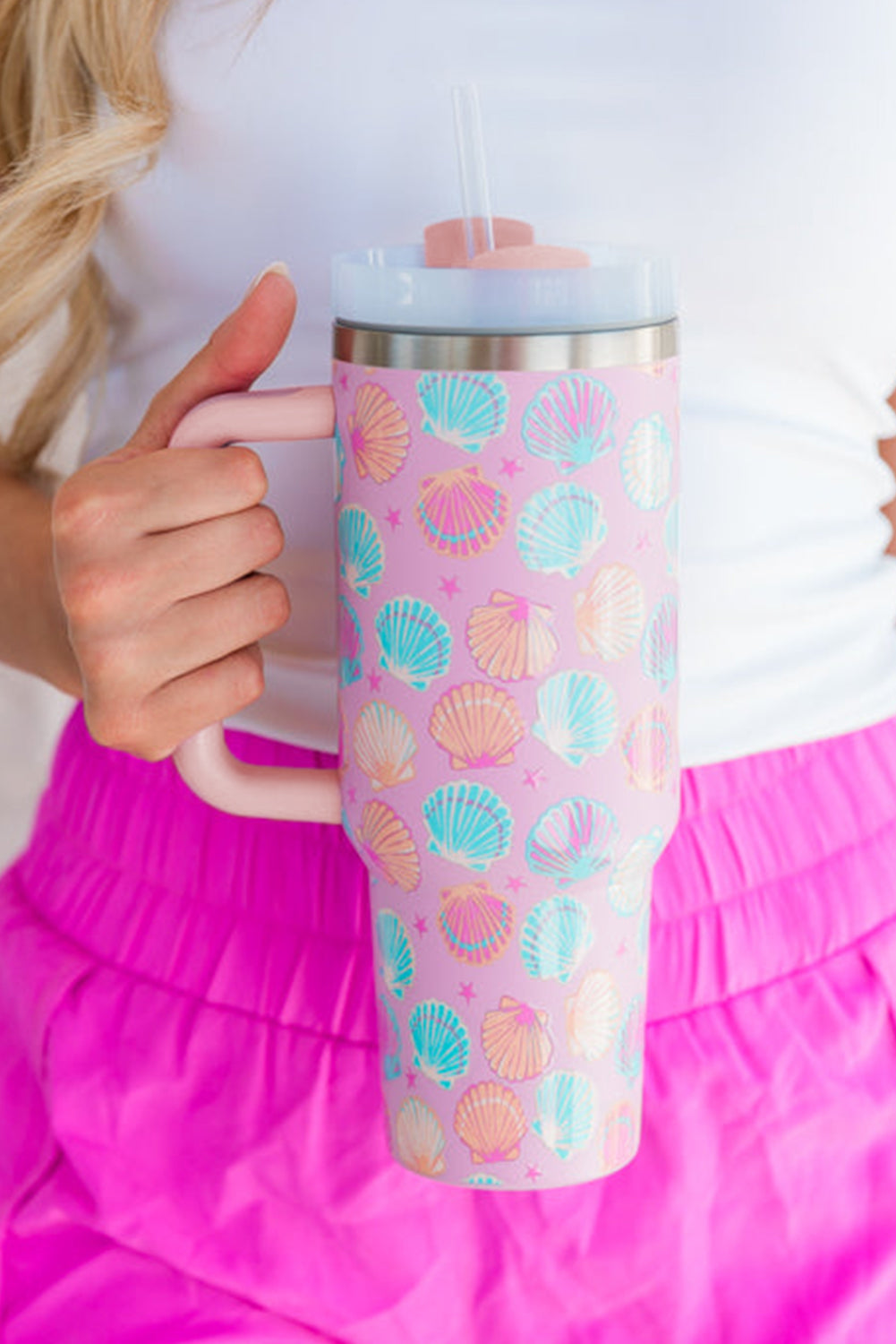 Rose Red Shell Pattern Stainless Steel Tumbler with Straw 40oz Tumblers JT's Designer Fashion