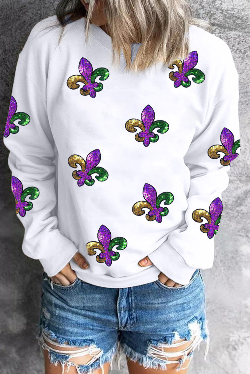 White Fleur De Lis Sequin Patched Graphic Drop Shoulder Sweatshirt Graphic Sweatshirts JT's Designer Fashion