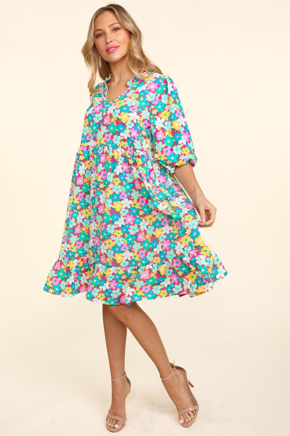 Haptics Bubble Sleeve Floral Ruffled Dress JT's Designer Fashion