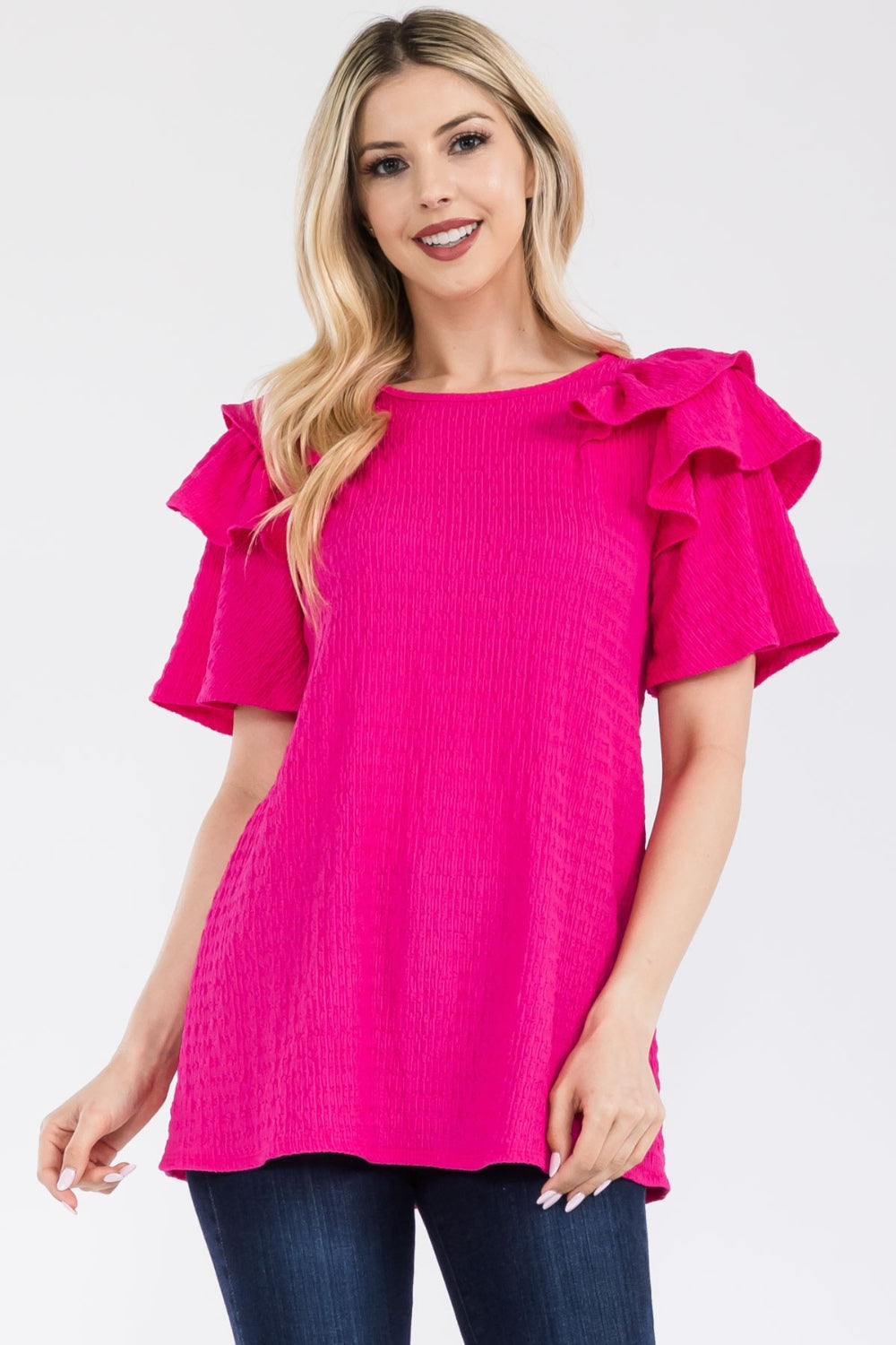 Celeste Full Size Ruffle Layered Short Sleeve Texture Top Tops JT's Designer Fashion