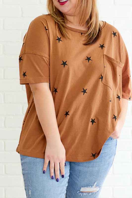 Camel Star Print Pocketed Plus T Shirt Plus Size JT's Designer Fashion