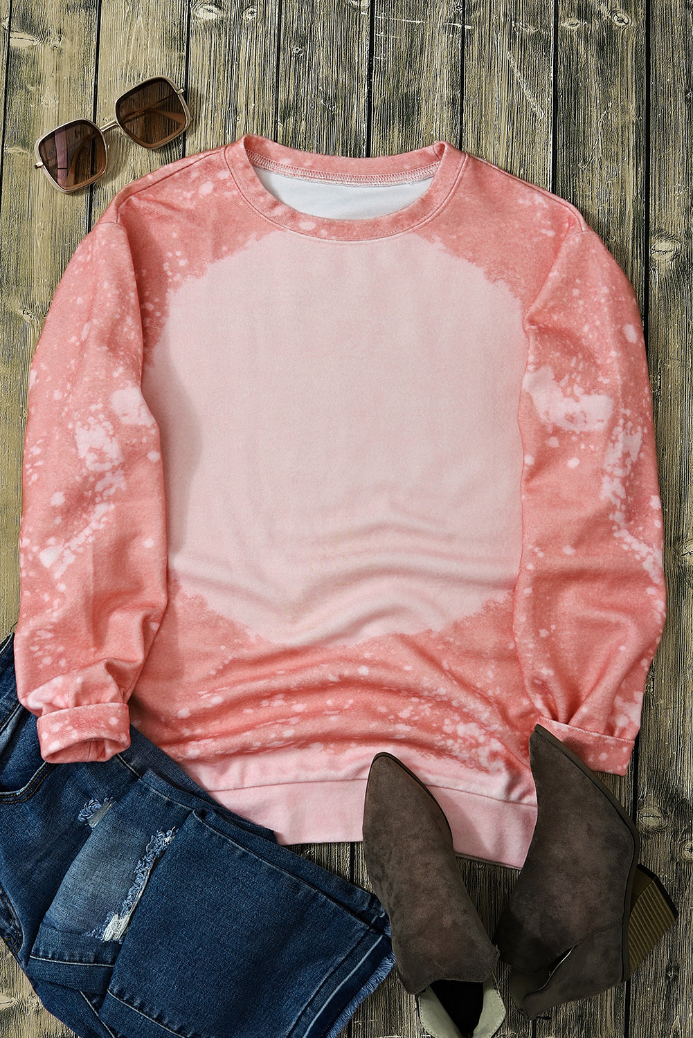 Pink Bleached Round Neck Pullover Sweatshirt Sweatshirts & Hoodies JT's Designer Fashion