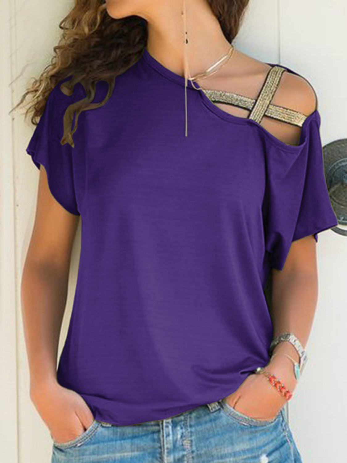 Asymmetrical Neck Short Sleeve T-Shirt Violet Blouses & Shirts JT's Designer Fashion