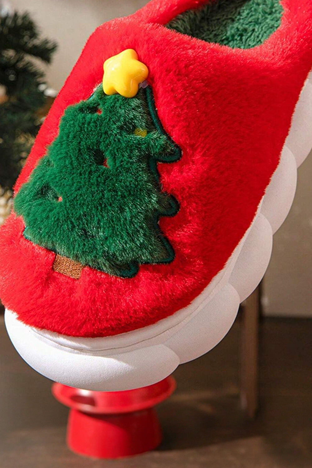 Fiery Red Christmas Tree Graphic Thick Sole Plush Slippers Slippers JT's Designer Fashion